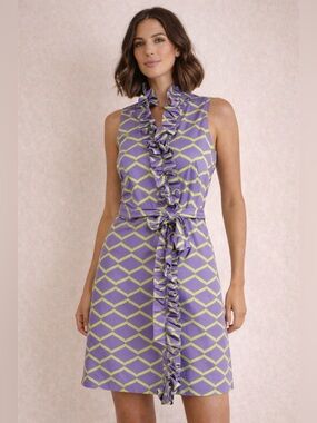 Melly M Sleeveless Ruffle Front Geometric Dress Summer Lavender Lime Size 12